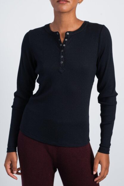 Emery Long Sleeve Henley in color Black by Paper Labe